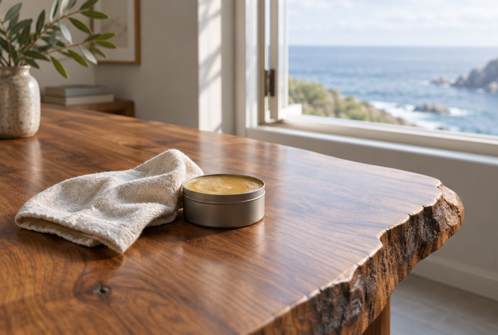 A soft cloth and paste wax on a live edge solid wood tabletop near an open window with soft coastal light