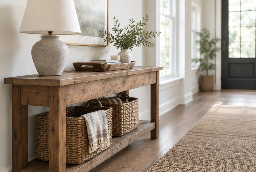 A rustic solid wood entryway console table with a lamp, a tray and woven baskets underneath in a bright hallway