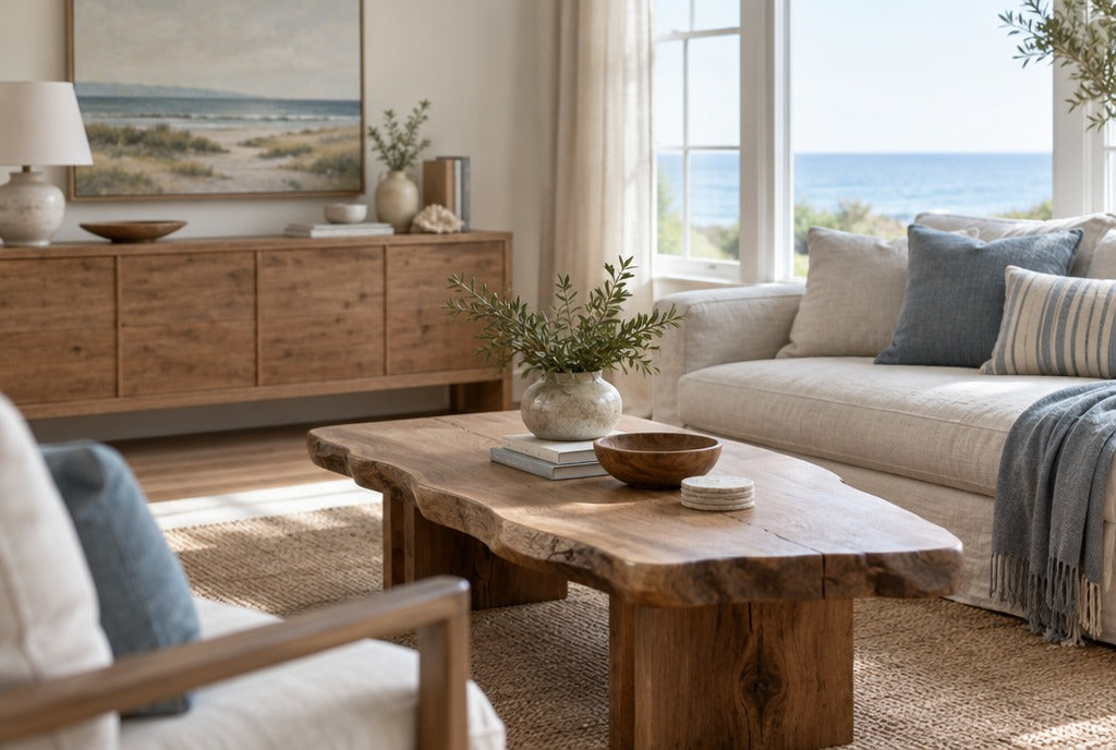 A relaxed coastal cottage living room with a solid wood console, a live edge coffee table, linen sofa and window light