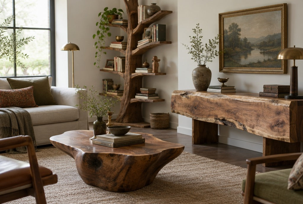 A collected living room with a live edge wood console, a sculpted coffee table, a tree bookshelf and mixed vintage-style accents