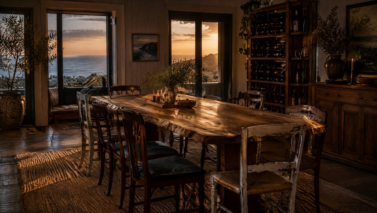 A bright, collected coastal dining room with a live edge wood table and a wood wine shelf
