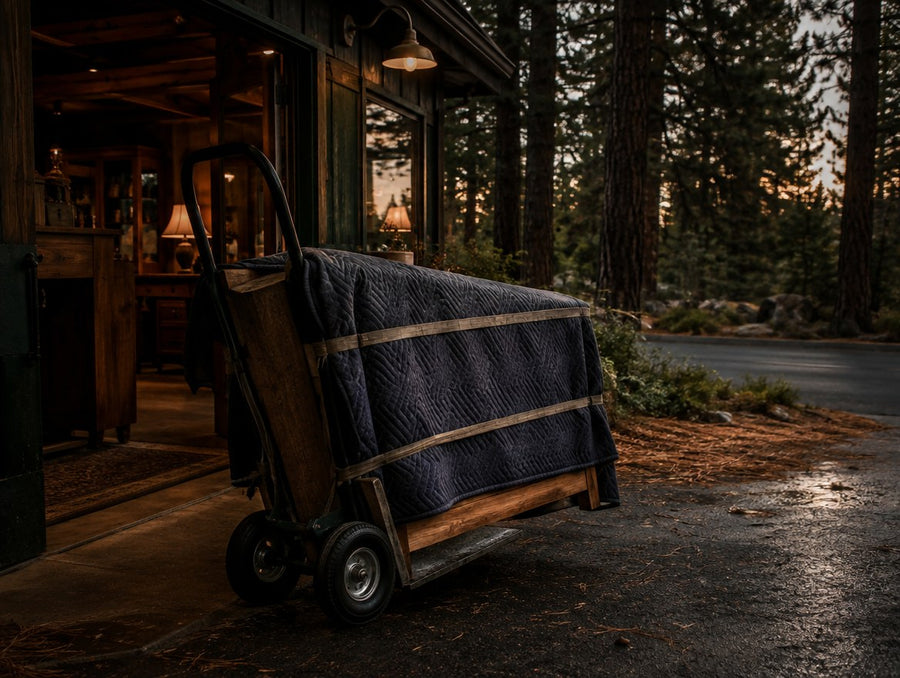 A blanket-wrapped solid wood console at the loading door of a roadside shop under pine trees